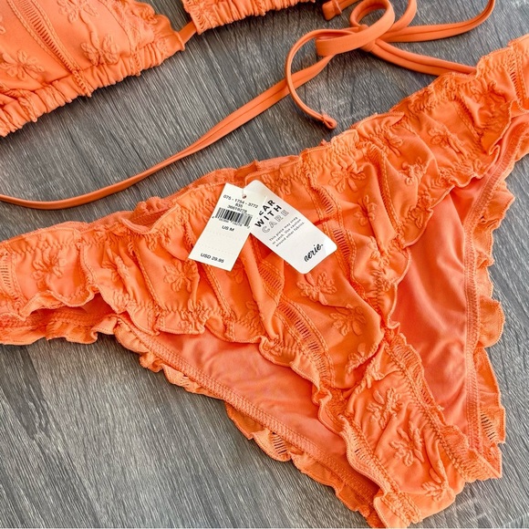 Aerie Tangerine Orange Bikini Perky Triangle Top Ruched Cheeky Bottom Sz M NWT - Picture 2 of 8